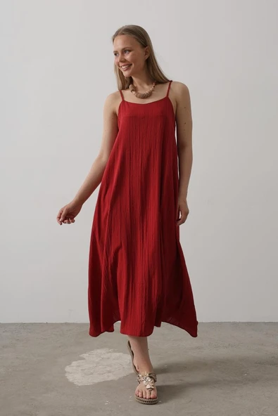 Askılı Uzun Çan Elbise - Bordo - Resim 4