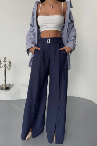 SALAŞ ÖNDEN YIRTMAÇ DETAYLI BEL KEMERLİ PANTOLON - Lacivert - Resim 3