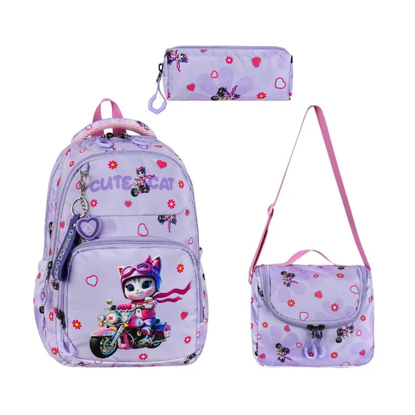İlkokul Kız Çocuk Çantası 3'lü Set Sevimli Kedi 40*30 Cm Beslenme Çantası Kalem Kutusu Cute Cat ürün görseli 1