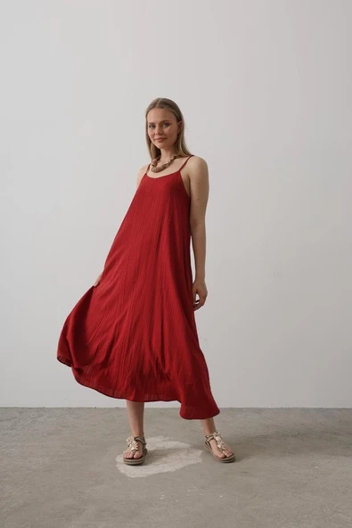 Askılı Uzun Çan Elbise - Bordo - Resim 2