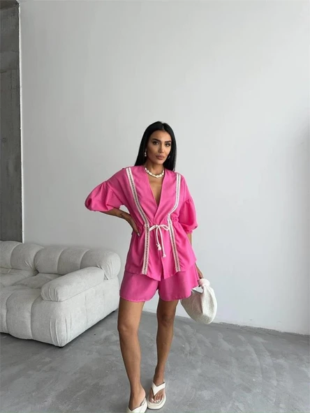 KETEN BEL BÜZGÜLÜ BLUZ-PANTOLON TAKIM - Fuşya - Resim 2