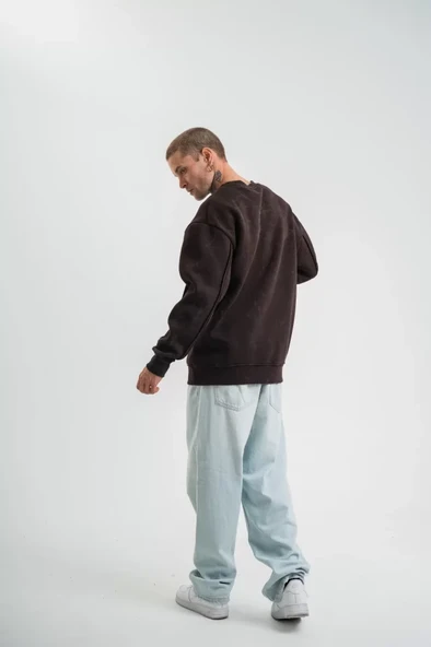 POLIZEI Premium Kalite Bisiklet Yaka Yıkamalı SweatShirt - Kahverengi - Resim 3