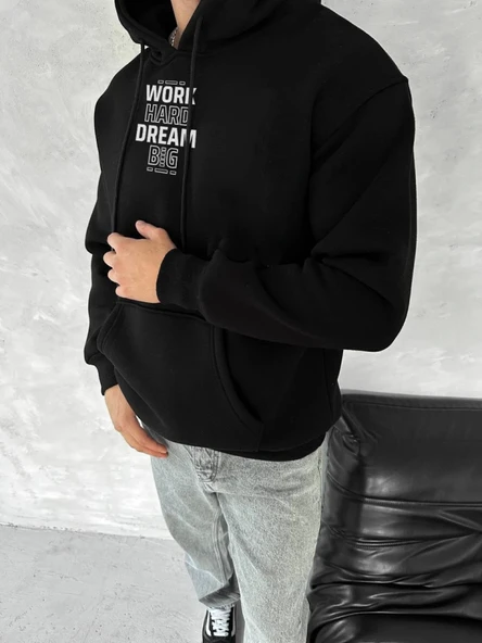 Kışlık Üç İplik Kapşonlu SweatShirt - Siyah ürün görseli