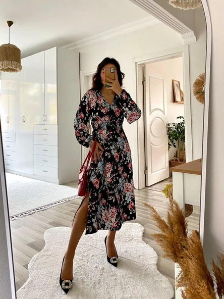 Kadın Uzun Kollu Kruvaze Yaka Beli Lastikli Yandan Yırtmaçlı Desenli Dalgıç Elbise - 11