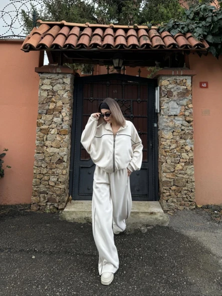 Fermuarlı Eşofman Pantolon İkili Takım - Beyaz - Resim 4