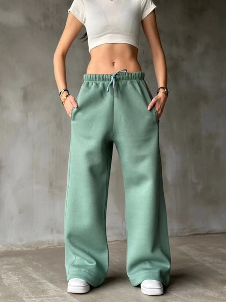 Palazzo Bol Paça Eşofman Pantolon - Yeşil - Resim 4