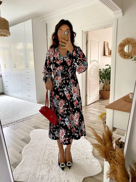 Kadın Uzun Kollu Kruvaze Yaka Beli Lastikli Yandan Yırtmaçlı Desenli Dalgıç Elbise - 9