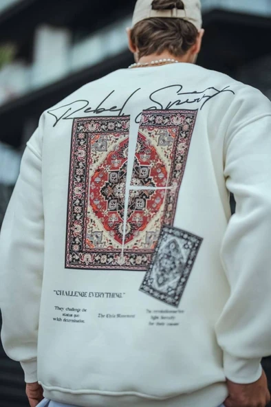 Uzun Kol Bisiklet Yaka Baskılı SweatShirt - Beyaz - Resim 3