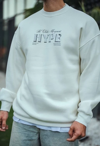 Üç İplik Bisiklet Yaka Baskılı SweatShirt - Beyaz ürün görseli