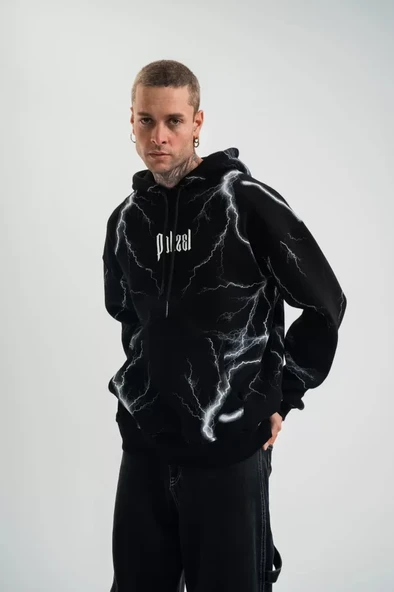 Double Oversize Kapşonlu Şimşek Pano Baskılı SweatShirt - Siyah - Resim 4