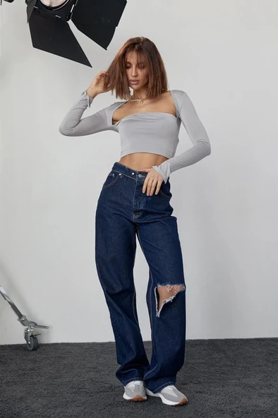 Kara Yaka Uzun Kollu Crop - Taş - Resim 4