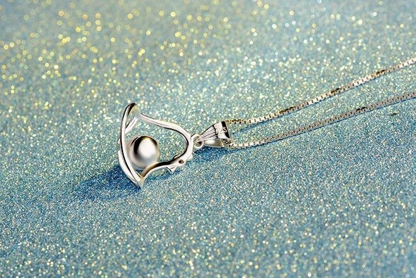 925 Ayar Gümüş İnci Taşlı Çan Figürlü Gümüş Kolye - 4