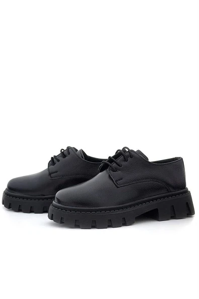Rakerplus Siyah Kırışık Rugan Bağcıklı Kız Çocuk Oxford Okul Ayakkabı - 6