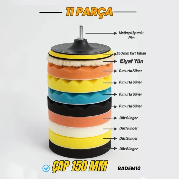 Polisaj Süngeri Seti Pasta Cila 11 Parça 150mm Büyük Boy Matkap Uyumlu Oto Seramik Wax Parlatma Pedi - 3