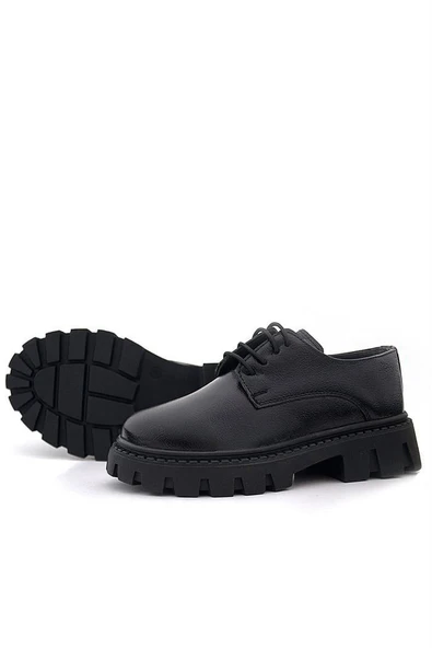 Rakerplus Siyah Kırışık Rugan Bağcıklı Kız Çocuk Oxford Okul Ayakkabı - 7