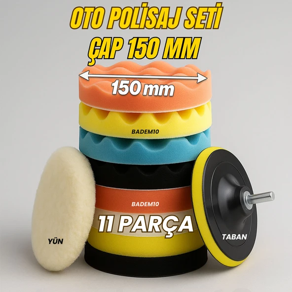 Polisaj Süngeri Seti Pasta Cila 11 Parça 150mm Büyük Boy Matkap Uyumlu Oto Seramik Wax Parlatma Pedi