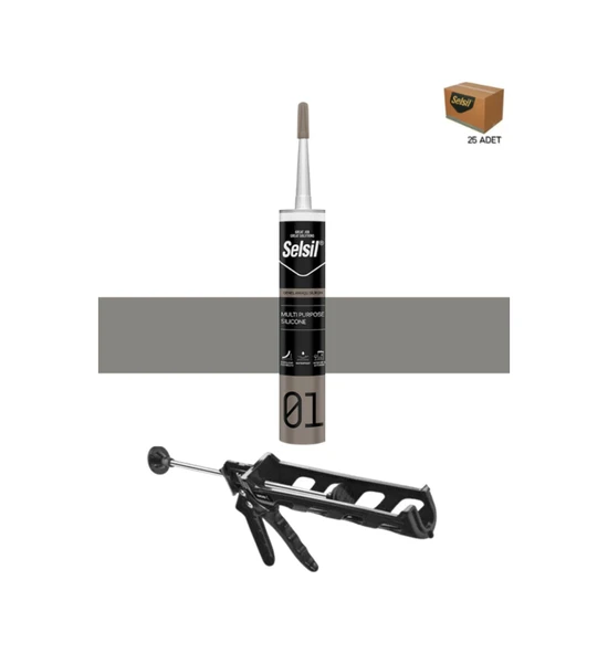 Selsil Genel Amaçlı Alüminyum Gri Silikon 280 Gr. 25 Adet +  Kendo Silikon Tabancası ürün görseli