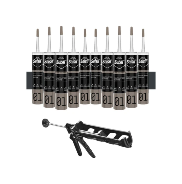 Selsil Genel Amaçlı Antrasit Gri Silikon 280 Gr. 10 Adet +  Kendo Silikon Tabancası - 2
