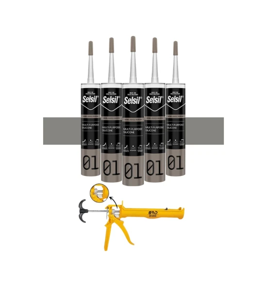 Selsil Genel Amaçlı Alüminyum Gri Silikon 280 Gr. 5 Adet +  Gfb Alüminyum Silikon Tabancası - Resim 2