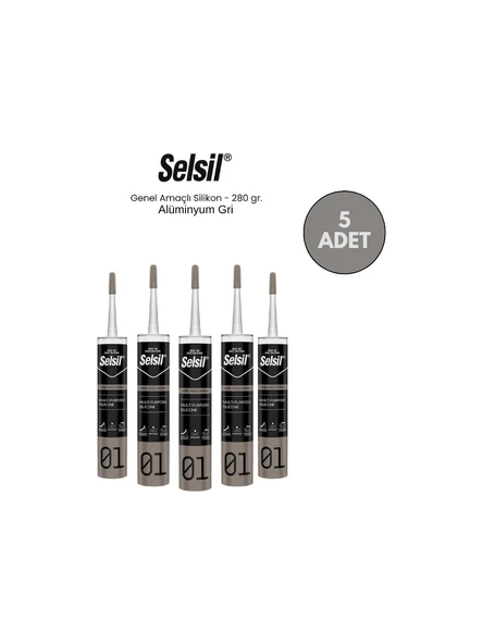 Selsil Genel Amaçlı Alüminyum Gri Silikon 280 Gr. - 5 Adet ürün görseli