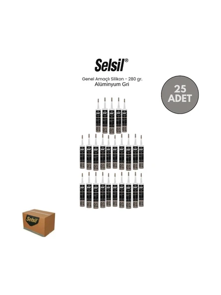 Selsil Genel Amaçlı Alüminyum Gri Silikon 280 Gr. 25 Adet ürün görseli