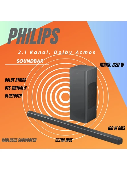 Philips Phılıps Subwoofer, Maks. 320 W / 160 W Rms, 2.1 Kanal, Dolby Atmos, Bluetooth Soundbar