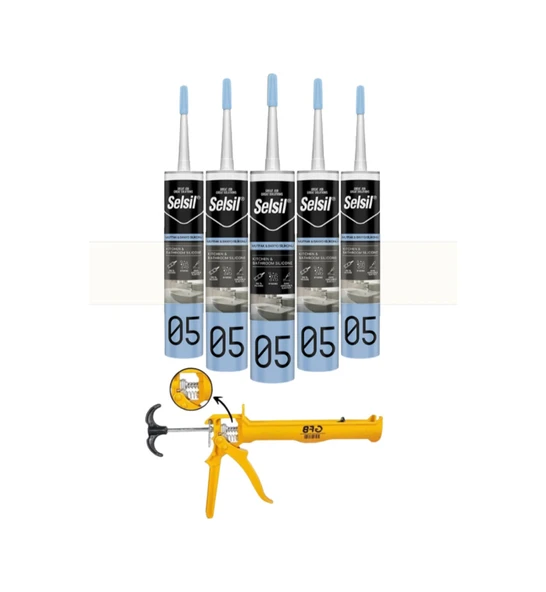 Selsil Duşakabin Silikonu Şeffaf 280 Ml. 5 Adet +  Gfb Alüminyum Silikon Tabancası - 1