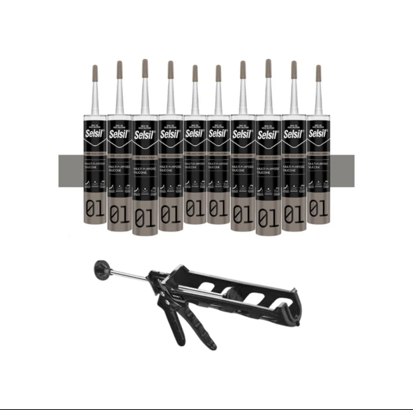 Selsil Genel Amaçlı Alüminyum Gri Silikon 280 Gr. 10 Adet +  Kendo Silikon Tabancası - 1