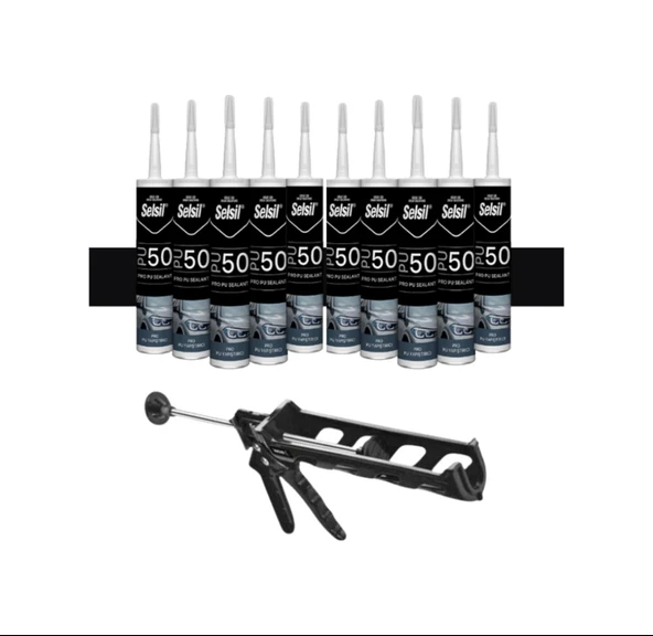 Selsil Poliüretan Siyah Mastik 280 Ml. 10 Adet +  Kendo Silikon Tabancası - 1