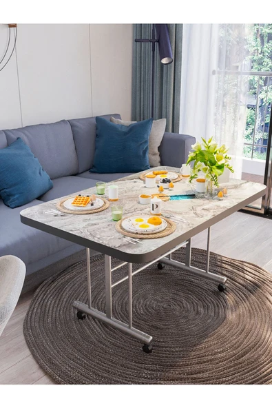 AVENZA LİVİNG TEKERLEKLİ MASA ORTA SEHPA 70X110 GRİ MERMER METAL AYAKLI - 2