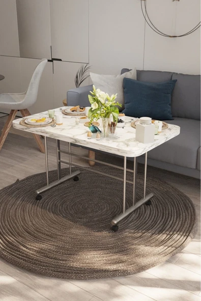 AVENZA LİVİNG Tekerli Masa Orta Sehpa 70x110 beyaz mermerMetal Ayak