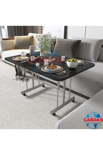 AVENZA LİVİNG Tekerlekli Masa Orta Sehpa 70x110 siyah mermer Metal Ayak