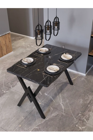 AVENZA LİVİNG KÜTÜK YEMEK MASASI SİYAH MERMER 80X120 METAL AYAK