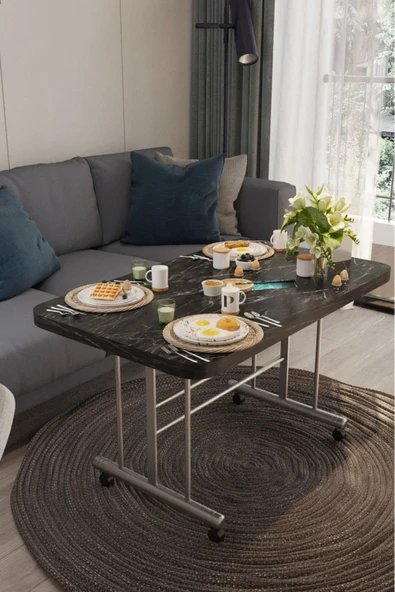AVENZA LİVİNG tekerlekli masa orta sehpa 60x100 siyah mermer metal ayak - 2