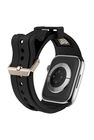 mastersonic Apple Watch 42mm MTSC KRD-117 Hava Alabilen Delikli Metal Süslemeli Desenli Silikon Kordon-Titanyum- - Resim 6
