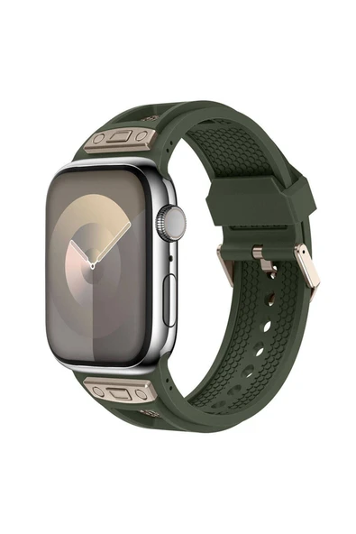 mastersonic Apple Watch 7 45mm MTSC KRD-117 Hava Alabilen Delikli Metal Süslemeli Desenli Silikon Kordon-Titanyu ürün görseli 1