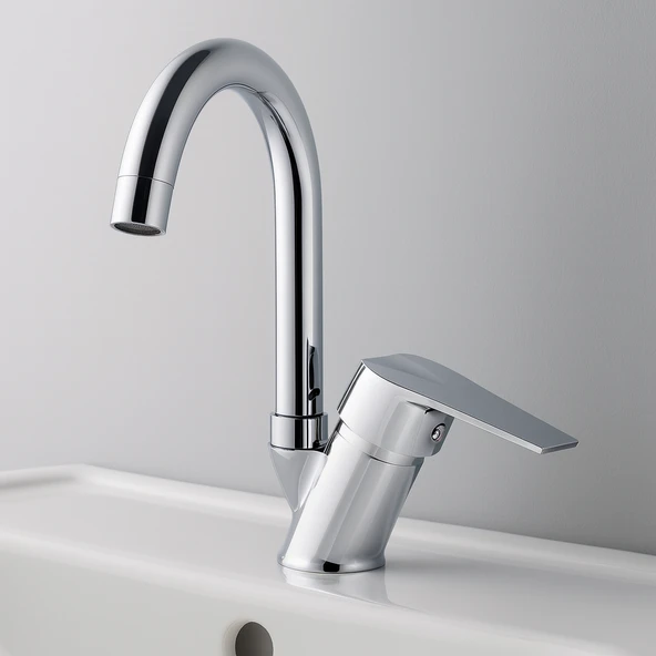 Premium Sıcak Soğuk Ayarlı Tek Kollu Aç Kapa Krom Kuğu Lavabo Bataryası Duvar Tipi Armatür Modern - Resim 2