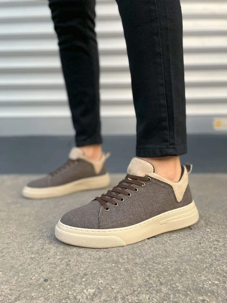 JET-204 Flex Bağcıklı Keten Kumaş Erkek Günlük Sneaker Ayakkabı KKT - Kahverengi/Krem - Resim 2