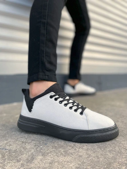 JET-204 Flex Bağcıklı Keten Kumaş Erkek Günlük Sneaker Ayakkabı KST - Beyaz/Siyah ürün görseli