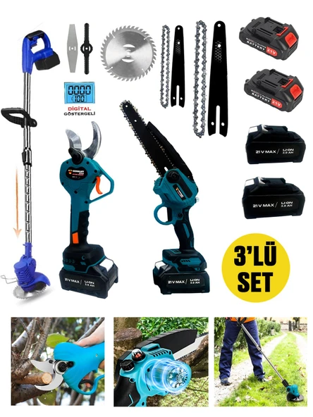 Germany Style Pro 3-Lü Set 4 Akülü Kenar Kesme-Dal Budama Makası-Budama Testeresi Bahçe Set