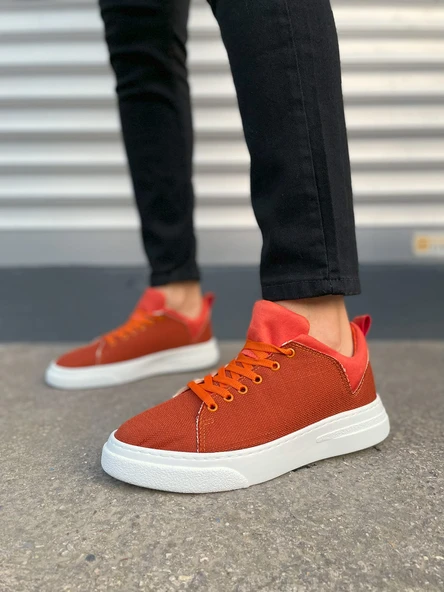 JET-204 Flex Bağcıklı Keten Kumaş Erkek Günlük Sneaker Ayakkabı KBT - Turuncu - Resim 2