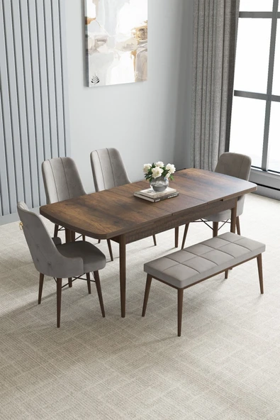 Loft Barok Desen 80x132 Açılabilir Mdf Masa Yemek Odası Takımı, Mutfak Takımı 4 Sandalye, 1 Bench Gri - 2