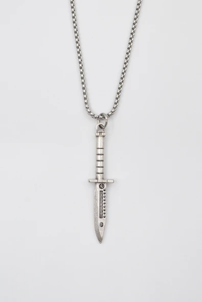 Testere Dişli Taktik Bıçak Örme Zincir Kolye - Antik Gümüş Kaplama - Kadın Erkek - 60 cm ürün görseli 1