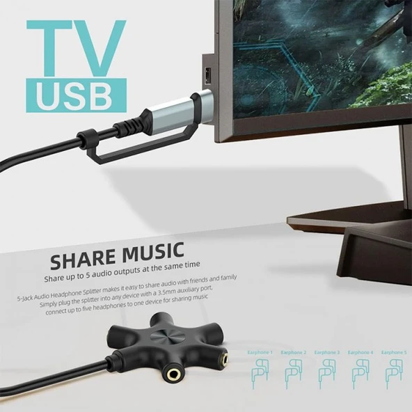 Usb A type C ses kartı ve 5 port kulaklık çoklayıcı dağıtıcı splitter - Resim 4