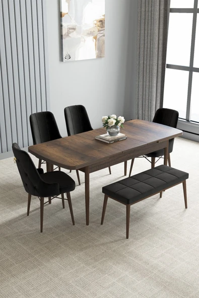 Loft Barok Desen 80x132 Açılabilir Mdf Masa Yemek Odası Takımı, Mutfak Takımı 4 Sandalye, 1 Bench Siyah - 2