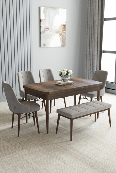 Loft Barok Desen 80x132 Açılabilir Mdf Masa Yemek Odası Takımı, Mutfak Takımı 4 Sandalye, 1 Bench Gri