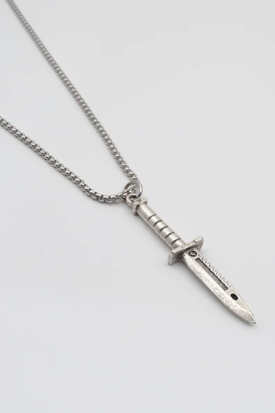 Testere Dişli Taktik Bıçak Örme Zincir Kolye - Antik Gümüş Kaplama - Kadın Erkek - 60 cm - Resim 2