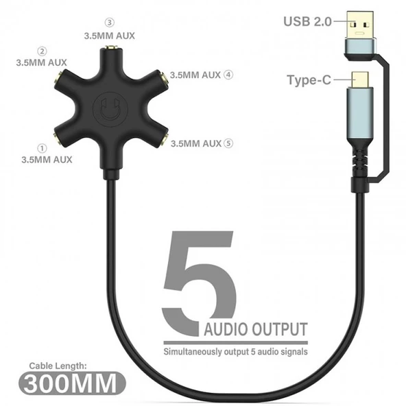Usb A type C ses kartı ve 5 port kulaklık çoklayıcı dağıtıcı splitter - Resim 3