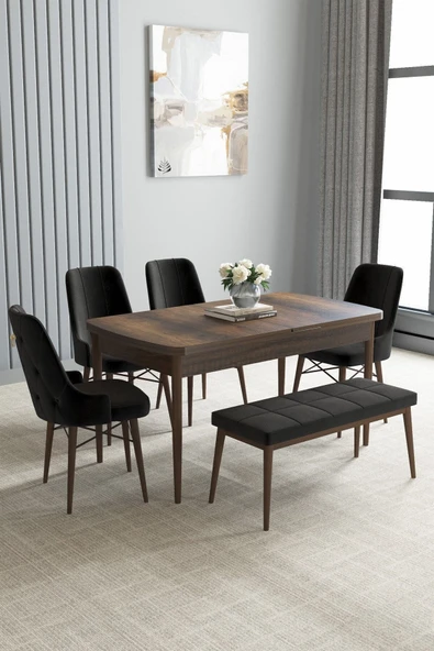 Loft Barok Desen 80x132 Açılabilir Mdf Masa Yemek Odası Takımı, Mutfak Takımı 4 Sandalye, 1 Bench Siyah