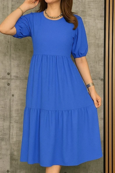Kadın Kısa Kollu Yakası Açık Katlı Bürümcük Balon Elbise - Resim 3